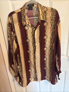 Lucio Romano 100% Silk Baroque Chain Leopard Print Shirt, L
